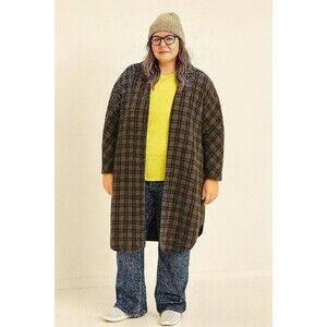 Vtg Plaid Fleece Lined Reversible Long Shacket Plus OS One Button Closure Gray